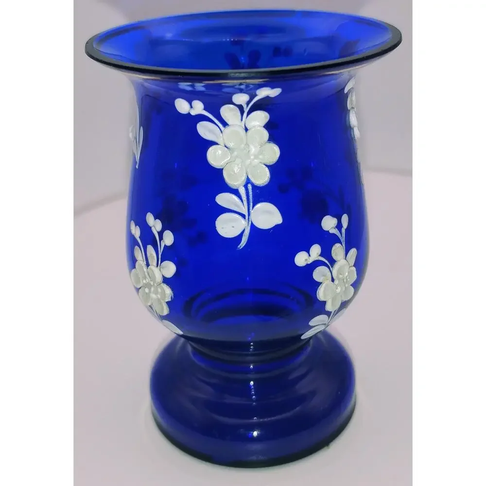 Vintage Czechoslovakia Cobalt Blue Glass Bud Vase Enamel Flowers 3” - Picture 1 of 3